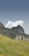 Image showing Panorama of Lions Head mountain in Cape Town, South Africa during summer holiday from below. Scenic landscape view of the top of a hill on a cloudy day from a low angle. Exploring nature and the wild