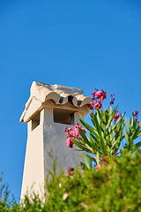 Image showing Chimney tower designed roof house building outside against blue sky background and green plant foreground. Construction of exterior architecture of chute built on rooftop for fireplace smoke and heat