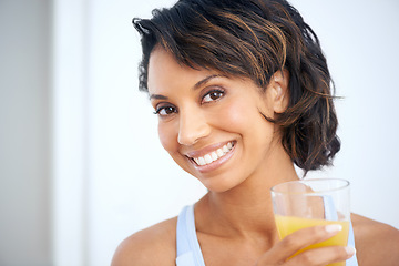 Image showing Orange juice, glass and happy woman portrait with health breakfast, nutrition and vitamin c benefits for energy. Brazil nutritionist, wellness and glow face with fruit drink, detox and antioxidant