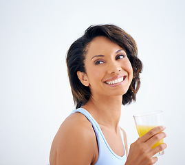 Image showing Orange juice, glass or smile on woman by health fruit drink, nutrition or vitamin c benefits in studio mockup. Brazil nutritionist, vegan wellness and glow skin in detox, fitness or white background