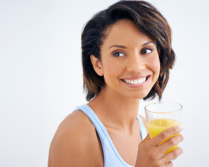 Image showing Fitness, studio and face of woman with juice, smile and healthy breakfast diet for weight loss. Nutrition, detox and wellness, happy girl with vitamin c drink in glass on white background mockup.