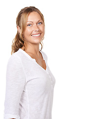 Image showing Portrait, woman and smile with beauty, confidence and lady isolated on a studio white background. Face, girl and model with casual outfit, mockup space and happiness with peace, Canada and cheerful