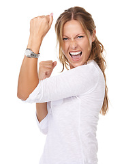 Image showing Happy, celebration and woman flexing in studio for arm muscles, empowerment or winning gesture. Smile, excited and portrait of female person from Canada with confident expression by white background.