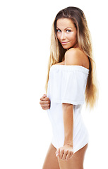 Image showing Portrait, happy and woman in tshirt for fashion in studio isolated on a white background. Confident model, smile of person and girl in clothes for trendy style or body health or sexy on mockup