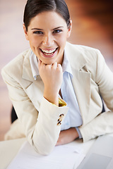 Image showing Happy, smile and portrait of business woman in office with confidence working on a legal case. Pride, professional and attorney from Canada doing research and planning for law project in workplace.