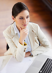 Image showing Business woman, thinking and planning on computer for Human Resources decision, career solution or office research. Professional worker on laptop, reading payroll information or analysis of software