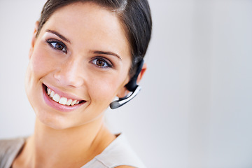 Image showing Business woman, call center portrait and customer service, e commerce or telemarketing on a white background. Face of consultant, advisor or agent in headphone in virtual chat or contact us in studio
