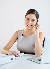 Image showing Office woman, call center portrait and documents or laptop for communication or support on a wall or white background. Face of business consultant or advisor in headphone for virtual chat or contact