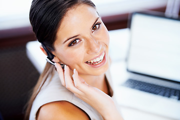 Image showing Call center, woman and portrait in office for communication, telecom questions and customer service support at laptop. Face, happy telemarketing agent and receptionist with microphone for CRM contact
