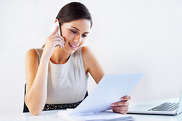 Image showing Paperwork, consulting and manager on a phone call in office for communication or Human Resources. Negotiation, woman or portfolio for recruitment of hr worker talking or speaking of documents or CV