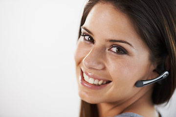 Image showing Woman, call center and telemarketing portrait for e commerce sales, communication and chat on a white background. Face of a young consultant or telecom agent with headphone for contact us in studio