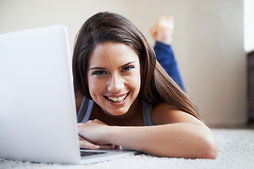 Image showing Floor, laptop or portrait of happy woman in e learning, online education or typing for university at home. Remote work, relax or student on computer to research info or report on a college website