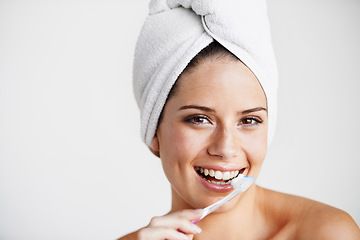 Image showing Woman, smile and toothbrush for dental hygiene, teeth whitening and healthcare for gums in portrait. Happy female person, face and cleaning mouth for protection, care and brushing routine in mockup