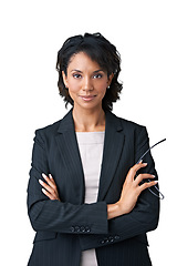 Image showing Businesswoman, arms crossed and portrait in studio as confident financial manager or professional career clothes, proud or style. Black person, face and employee as mockup, white background for smile