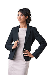 Image showing Business, woman and portrait in studio for professional worker, mockup on white background. African person, model or face proud hip pose for corporate confidence, formal work fashion or ambition