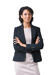 Image showing Businesswoman, portrait or arms crossed professional in studio or career confident, style or formal fashion. Black person, face or mockup space white background or pride, job clothes or suit blazer