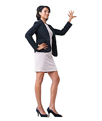 Image showing Woman, teacher and hand for presentation in studio for student project, study information in formal job fashion. Black person, portrait and arm for training learning, mockup space on white background