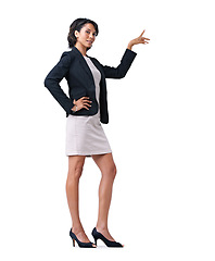 Image showing Woman, business or hand for presentation in studio for work project, corporate information in formal job fashion. Black person, portrait and arm for confident style, mockup space on white background