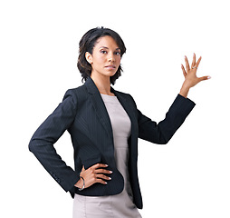 Image showing Business, woman and presentation hand portrait in studio for professional work, corporate information in formal fashion. Black person, face and arm for project confidence, mockup on white background