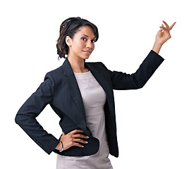 Image showing Business, woman and pointing hand portrait in studio for professional work, corporate manager in formal fashion style. Mexican person, face or arm for employee confidence, mockup on white background