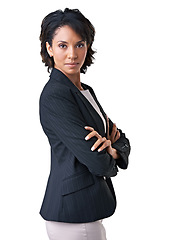 Image showing Portrait, businesswoman and confidence with arms crossed in studio for mock up on white background. Black person, professional or consultant with serious face for modern look in corporate fashion