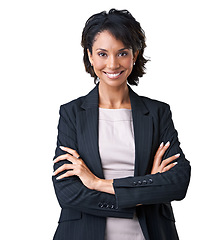 Image showing Businesswoman, arms crossed and portrait smile in studio as confident professional manager, mockup on white background. Black person, face or corporate mindset hands, formal work fashion or ambition