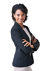 Image showing Businesswoman, arms crossed and portrait confident smile in studio, professional agency manager on white background. Black person, face and corporate job career jacket, formal fashion as mockup space