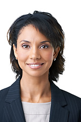 Image showing Portrait, happy woman and smile for business in studio for mock up on white background in New York. Black person, professional or consultant in finance with modern look for corporate fashion in space