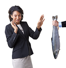 Image showing Woman, business or bribery reject or corporate dirty work, fish or offer disgust corruption crime. Black person, hand or steal opportunity refuse or stink task as mockup, white background in studio