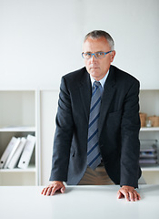 Image showing Portrait, management and a serious senior man in an office as the CEO of a corporate company. Business, leadership and a confident manager in a professional workplace for future growth or development
