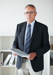 Image showing Businessman, expert or portrait documents in office for company contract, report information or confidential file. Male person, face and paperwork folder for corporate agreement, decision or project