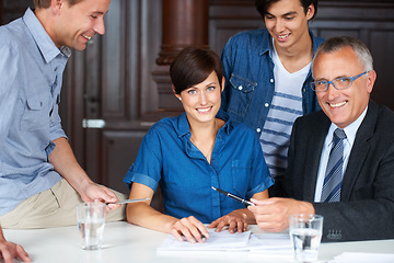 Image showing Portrait, contract and business people in a meeting for planning, strategy and company deal. Smile, teamwork and a woman with businessmen in an office for a partnership, recruitment or onboarding