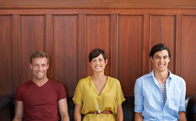 Image showing People, recruitment and smile for job in room, opportunity and position for career. Happy candidates, portrait and confident for interview, human resources and positive attitude or waiting for hiring