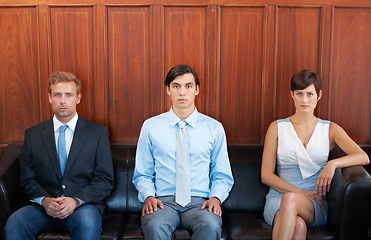 Image showing People, recruitment and job hiring in lobby, opportunity and position for career. Candidates, portrait and confident for interview, human resources and waiting on couch, corporate and serious on sofa