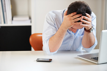 Image showing Business man, laptop and sad with crisis, stress and financial depression with mistake, budget or bad news. Accountant, computer and fail with anxiety, thinking and fear for debt, bankrupt and worry