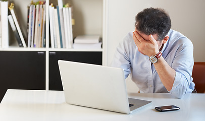 Image showing Business man, laptop and stress headache for fail, financial depression or mistake on budget with bad news. Accountant, computer and anxiety for crisis, glitch or fear for debt, bankruptcy or burnout