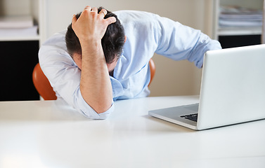 Image showing Business man, laptop and frustrated with fail, stress and financial depression with mistake or bad news. Accountant, computer and crisis with anxiety, thinking and fear for debt, bankruptcy or worry