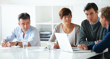 Image showing Workshop, meeting and business people with laptop in office for creative brainstorming in corporate training. Strategy, planning and teamwork, woman and men with ideas, discussion and problem solving