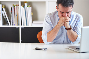 Image showing Business man, laptop and stress with crisis, sad and financial depression with mistake, budget or bad news. Accountant, computer and fail with anxiety, thinking and fear for problem solving in office