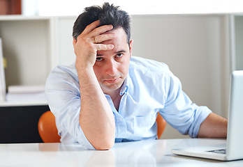 Image showing Business man, laptop and stress with mistake, sad and financial depression with fail, budget or bad news. Accountant, computer and crisis with anxiety, thinking and fear for debt, bankruptcy or worry