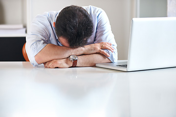 Image showing Business man, laptop and depression for fail, stress and financial recession with mistake, budget and bad news. Accountant, pc and crisis with anxiety, scared and fear for debt, bankruptcy and worry