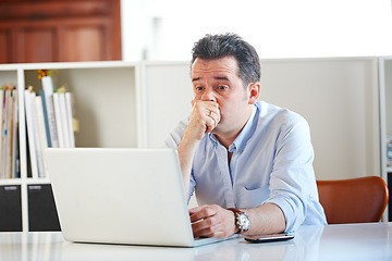 Image showing Businessman, laptop and stress or fear at office, email and online research on technology. Mature man, frustrated and anxiety on digital, problem and issues or glitch, 404 error and connection fail