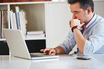 Image showing Business man, laptop and stress with reading for fail, financial depression or mistake on budget with bad news. Accountant, pc and anxiety for crisis, glitch or fear for debt, bankruptcy or burnout