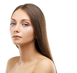 Image showing Beauty, haircare and portrait of woman isolated in studio with salon hairstyle, confidence and cosmetics. Hair, natural aesthetic and face of model girl with healthy style growth on white background.