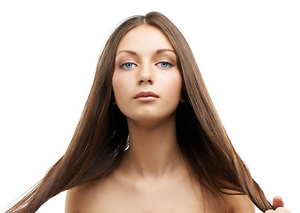 Image showing Keratin, hair and portrait of woman isolated in studio with salon hairstyle, confidence and beauty. Haircare wellness, natural style and face of model girl with healthy growth on white background.