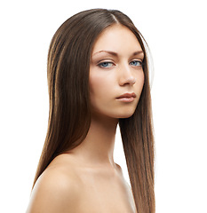 Image showing Beauty, hair and portrait of serious woman isolated in studio with salon hairstyle, confidence and keratin. Haircare, natural style and face of model girl with healthy growth on white background.