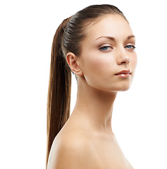 Image showing Model, hair and portrait of woman isolated in studio with salon hairstyle, confidence and beauty. Haircare, natural keratin cosmetics and face of girl with healthy style growth on white background.