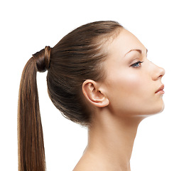 Image showing Beauty, hair and profile of woman isolated in studio with salon hairstyle, confidence and cosmetics. Haircare, natural aesthetic and face of model girl with healthy style growth on white background.