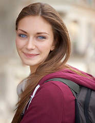 Image showing Portrait of woman on campus with backpack, smile and university, opportunity and education. Relax, happiness and face of college student on morning commute to school with confidence, pride and future