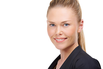 Image showing Portrait, smile and banner with a business woman in studio isolated on a white background for work. Face, space and a happy young corporate employee looking confident as a professional in her career